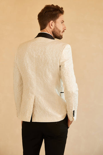 Blanco Solapa Redonda Jacquard Blazer de Fiesta